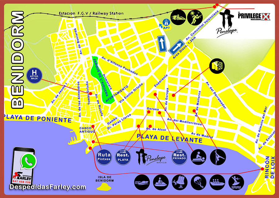 Mapa de actividades para despedidas de soltero en Benidorm